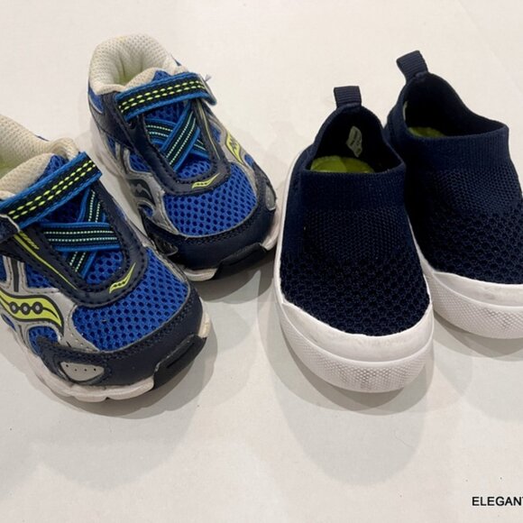 Saucony Baby Ride 6 Boys Size 5 Navy Blue LOT of 2 Leather Rubber Slip On Shoes - Picture 1 of 14